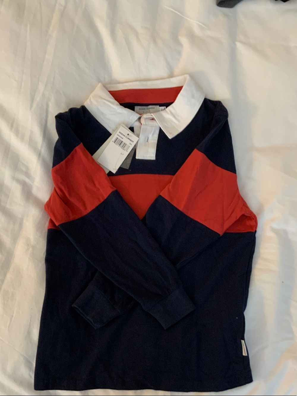Ocean Current Navy & Red Striped Rugby Sweater with White Collar